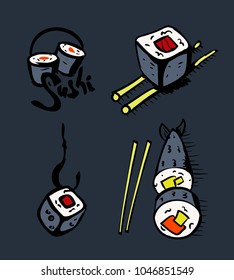 Sushi restaurant icons set. Asian cuisine. Colorful illustration.