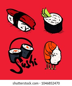 Sushi restaurant icons set. Asian cuisine. Colorful illustration.