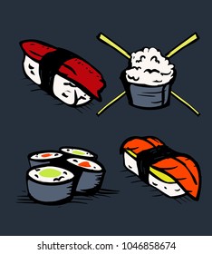 Sushi restaurant icons set. Asian cuisine. Colorful illustration.