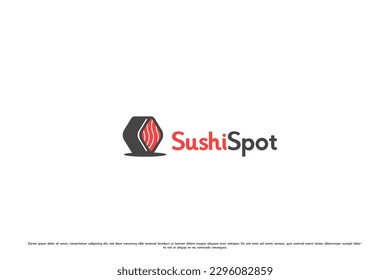 Sushi restaurant logo design illustration. Creative sign of japanese culture food place sushi roll wasabi cuisine delicious tasty food. Cafe sushi spot place store shrimp snack business icon.