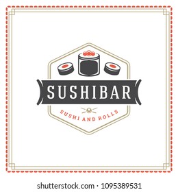 Sushi restaurant logo design template vector illustration. Japanese food, roll silhouette. Retro typography badge emblem.