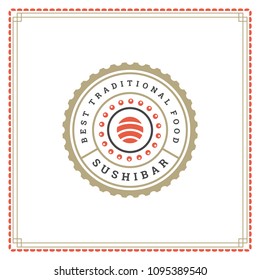 Sushi restaurant logo design template vector illustration. Japanese food, roll silhouette. Retro typography badge emblem.
