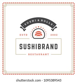 Sushi restaurant logo design template vector illustration. Japanese food, roll silhouette. Retro typography badge emblem.