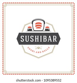 Sushi restaurant logo design template vector illustration. Japanese food, roll silhouette. Retro typography badge emblem.