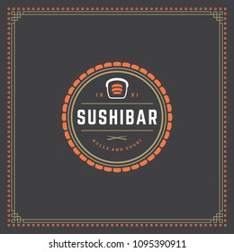 Sushi restaurant logo design template vector illustration. Japanese food, roll silhouette. Retro typography badge emblem.