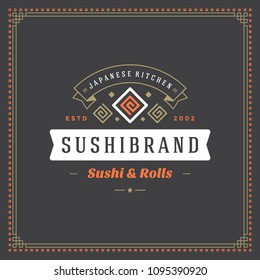 Sushi restaurant logo design template vector illustration. Japanese food, roll silhouette. Retro typography badge emblem.