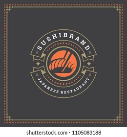 Sushi restaurant logo design template vector illustration. Japanese food, sashimi silhouette. Retro typography badge emblem.
