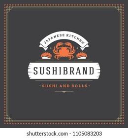 Sushi restaurant logo design template vector illustration. Japanese food, sashimi silhouette. Retro typography badge emblem.