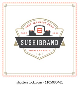 Sushi restaurant logo design template vector illustration. Japanese food, roll silhouette. Retro typography badge emblem.