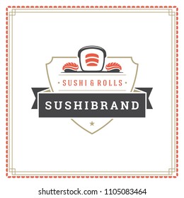 Sushi restaurant logo design template vector illustration. Japanese food, roll silhouette. Retro typography badge emblem.