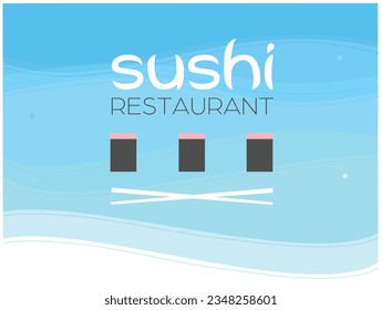Sushi restaurant logo, light blue water and fishes background