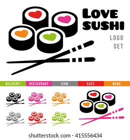 Sushi restaurant logo set. Delivery, cafe, love, japan dishes, menu, flat, roll, icon, japanese chopsticks, heart.