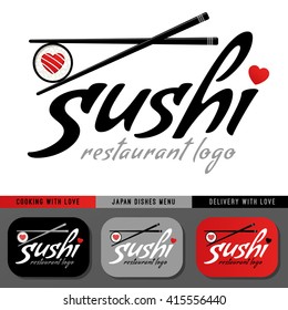Sushi restaurant logo template. Delivery, cooking  with love, japan dishes menu, flat, roll, japanese chopsticks, heart.