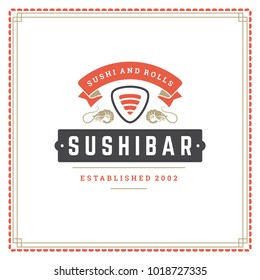 Sushi restaurant logo vector illustration. Japanese food, roll silhouette. Vintage typography badge design.
