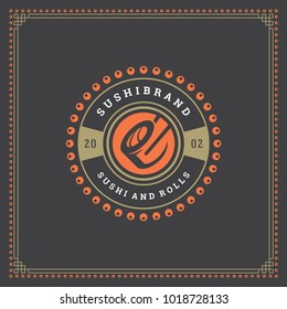 Sushi restaurant logo vector illustration. Japanese food, roll silhouette. Vintage typography badge design.
