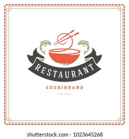 Sushi restaurant logo vector illustration. Japanese food, ramen noodle silhouette. Vintage typography badge design.