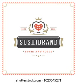 Sushi restaurant logo vector illustration. Japanese food, roll silhouette. Vintage typography badge design.