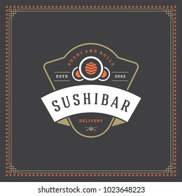 Sushi restaurant logo vector illustration. Japanese food, roll silhouette. Vintage typography badge design.