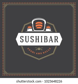 Sushi restaurant logo vector illustration. Japanese food, roll silhouette. Vintage typography badge design.