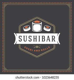 Sushi restaurant logo vector illustration. Japanese food, roll silhouette. Vintage typography badge design.