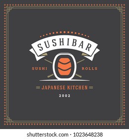 Sushi restaurant logo vector illustration. Japanese food, roll silhouette. Vintage typography badge design.