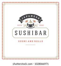 Sushi restaurant logo vector illustration. Japanese food, ramen noodle silhouette. Vintage typography badge design.