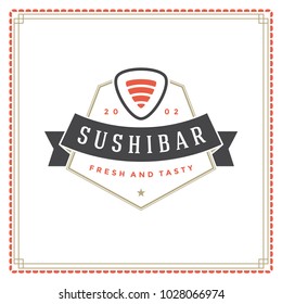 Sushi restaurant logo vector illustration. Japanese food, roll silhouette. Vintage typography badge design.