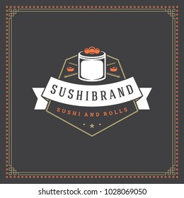 Sushi restaurant logo vector illustration. Japanese food, roll silhouette. Vintage typography badge design.