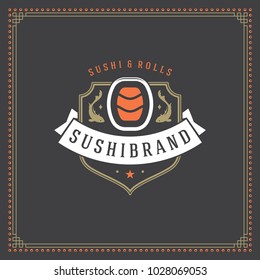 Sushi restaurant logo vector illustration. Japanese food, roll silhouette. Vintage typography badge design.