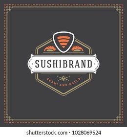Sushi restaurant logo vector illustration. Japanese food, roll silhouette. Vintage typography badge design.