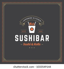 Sushi restaurant logo vector illustration. Japanese food, ramen noodle silhouette. Vintage typography badge design.