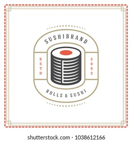 Sushi restaurant logo vector illustration. Japanese food, roll silhouette. Vintage typography badge design.