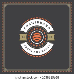 Sushi restaurant logo vector illustration. Japanese food, roll silhouette. Vintage typography badge design.