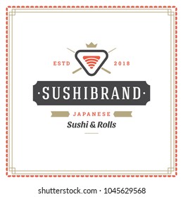 Sushi restaurant logo vector illustration. Japanese food, roll silhouette. Vintage typography badge design.