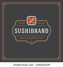 Sushi restaurant logo vector illustration. Japanese food, roll silhouette. Vintage typography badge design.