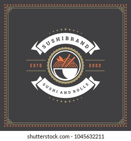 Sushi restaurant logo vector illustration. Japanese food, ramen noodle silhouette. Vintage typography badge design.