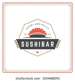 Sushi restaurant logo vector illustration. Japanese food, sashimi silhouette. Vintage typography badge design.