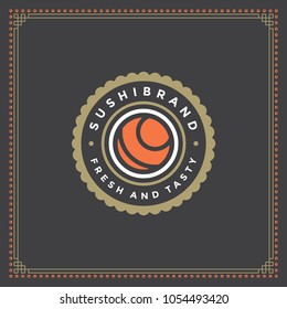 Sushi restaurant logo vector illustration. Japanese food, roll silhouette. Vintage typography badge design.