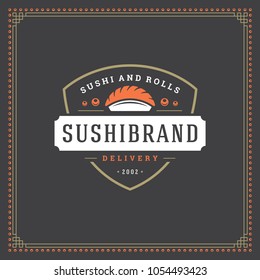 Sushi restaurant logo vector illustration. Japanese food, sashimi silhouette. Vintage typography badge design.