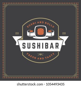 Sushi restaurant logo vector illustration. Japanese food, roll silhouette. Vintage typography badge design.