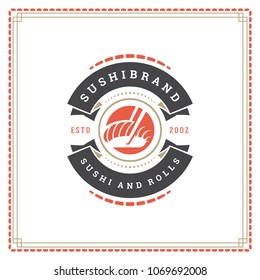 Sushi restaurant logo vector illustration. Japanese food, roll silhouette. Vintage typography badge design.
