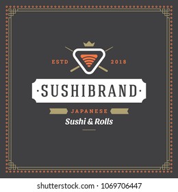 Sushi restaurant logo vector illustration. Japanese food, roll silhouette. Vintage typography badge design.