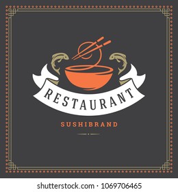 Sushi restaurant logo vector illustration. Japanese food, ramen noodle silhouette. Vintage typography badge design.