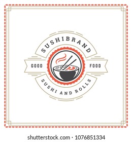 Sushi restaurant logo vector illustration. Japanese food, ramen noodle silhouette. Vintage typography badge design.