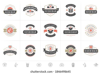 Sushi restaurant logos and badges set japanese food with sushi salmon rolls silhouettes vector illustration. Modern retro typography emblems and signs design.