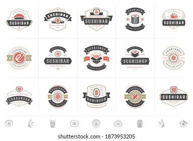 Sushi restaurant logos and badges set japanese food with sushi salmon rolls silhouettes vector illustration. Modern retro typography emblems and signs design.