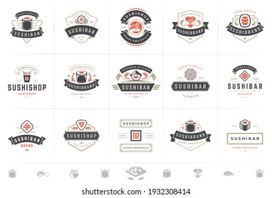 Sushi restaurant logos and badges set japanese food with sushi salmon rolls silhouettes vector illustration. Modern retro typography emblems and signs design.