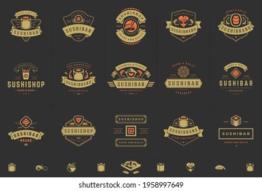 Sushi restaurant logos and badges set japanese food with sushi salmon rolls silhouettes vector illustration. Modern retro typography emblems and signs design.