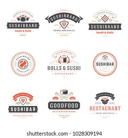 Sushi restaurant logos set vector illustration. Japanese food, sushi and rolls silhouettes. Vintage typography badges design.