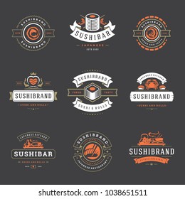 Los logos del restaurante de sushi muestran ilustraciones vectoriales. Platos japoneses, siluetas de sushi y de panecillos. Diseño de placas de tipografía antiguas.